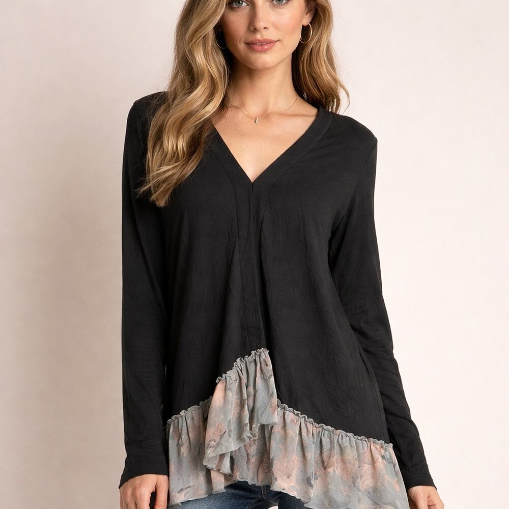 LOGO-LORI GOLDSTEIN Black ruffle hem stetch comfort coastal grandma cardigan L